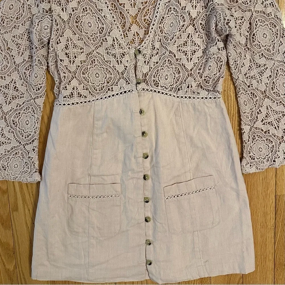Free People Shrimpton Crochet Lace Mini Dress Pink Sz S bell sleeves boho hippie - Picture 3 of 10